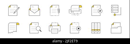Satz von Doodle-Symbole arbeiten mit Dokumenten, Archivspeicher. Isolierte Vektor-Linear-Schilder laden in die Cloud, Schreddern und Drucken von Papier, Datei mit Stift und Ordner, Umschlag, richtige und falsche Symbol Stock Vektor