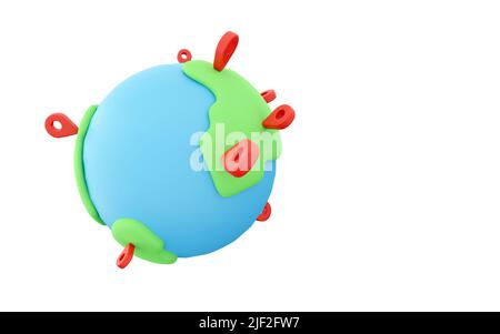 3D Weltkarte. Pins auf globalen Erdkarten, weltweite Geschäftskommunikation. 3D Darstellung der Erdkarte oder des Globus-Standorts der Weltreisekartierung isoliert Stockfoto