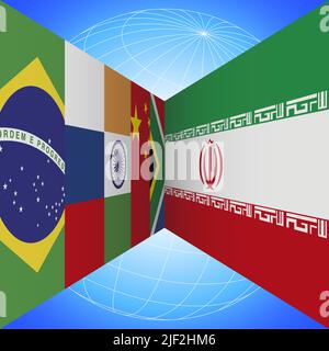 BRICS-Flaggen Länder und Iran-Flagge mit Erdkugel in Perspektive auf dem blauen Hintergrund, Vektorgrafik Stock Vektor