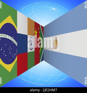BRICS-Flaggen Länder und Argentinien Flagge mit Erdkugel in Perspektive auf dem blauen Hintergrund, Vektorgrafik Stock Vektor