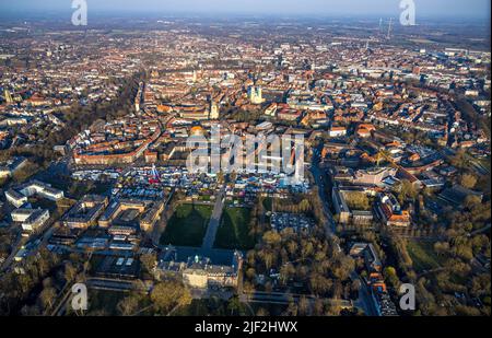 Luftaufnahme, Senden - Volksfest, Festplatz auf dem Schlossplatz auf Schloss Münster, Altstadt und Paulskathedrale, Münster, Münsterland, Nor Stockfoto