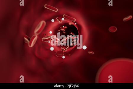 Rote und weiße Blutkörperchen in Blutgefäßen, 3D Rendering. Digitale Zeichnung des Computers. Stockfoto
