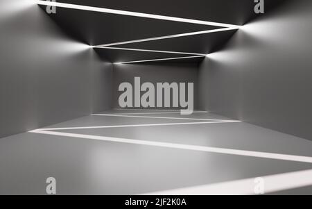 Abstraktes, leeres graues Rauminnere mit gebogenem Licht und Schatten, 3D Rendering. Digitale Zeichnung des Computers. Stockfoto