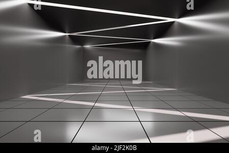 Abstraktes, leeres graues Rauminnere mit gebogenem Licht und Schatten, 3D Rendering. Digitale Zeichnung des Computers. Stockfoto