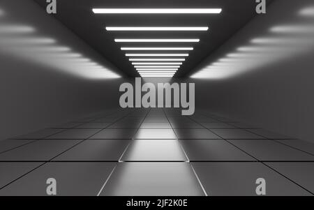Abstraktes, leeres graues Rauminnere mit gebogenem Licht und Schatten, 3D Rendering. Digitale Zeichnung des Computers. Stockfoto