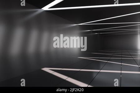 Abstraktes, leeres graues Rauminnere mit gebogenem Licht und Schatten, 3D Rendering. Digitale Zeichnung des Computers. Stockfoto