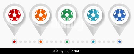 Fußball, Fußball, Ball Konzept Vektor-Symbole, editierbare Infografik Vorlage, Satz von bunten flachen Design Zeiger Stock Vektor