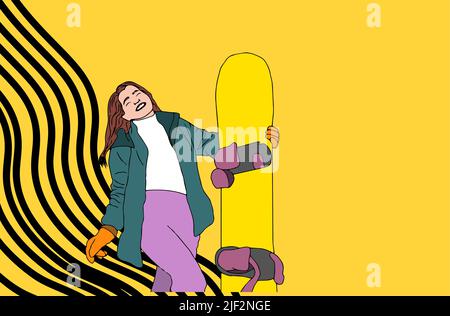 Vektor Cartoon Snowboarder springen. Junge Frau oder Mädchen auf dem Snowboard. Flacher Winter. Flache Vektor-Illustration im Cartoon-Stil. Sport. Stock Vektor