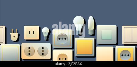 Steckdosen, Schalter und Glühlampen. Elektrische Geräte für Heimnetzwerke. Ersatzteile für die Arbeit eines Elektrikers. Unten nahtlos horizontal komposit Stock Vektor