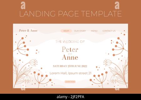 Blumen Hochzeit Landing Page Vorlage im Doodle Stil, Einladungskarte Design beige und weiße Blumen, Blätter und Beeren. Dekoratives Rahmenmuster und Kranz. Vektor elegante Dekoration auf weiß Stock Vektor