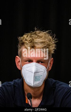 Der Niederländer Taco van der Hoorn von Intermarche Wanty-Gobert Materiaux spricht mit der Presse während der Teampräsentation vor der Tour de France-Radrennen 109. in Kopenhagen, Dänemark, am Mittwoch, den 29. Juni 2022. Die diesjährige Tour de France findet vom 01. Bis 24. Juli 2022 statt und startet mit drei Etappen in Dänemark. BELGA FOTO JASPER JACOBS Stockfoto