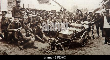 WWI - Britische Truppen in Belgien kaufen Snacks von einem Händler mit seinem Hundewagen. --- Première Guerre mondiale - Les troupes britanniques en Belgique achètent des collations à un colporeur avec son chariot à chiens. --- WWI - Britische Truppen in Belgien kaufen Snacks von einem Straßenhändler mit seinem -Hundewagen. --- WOI - Britse troepen in België kopen Snacks van een venter met zijn hondenkar. Stockfoto