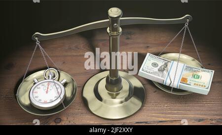 Zeit ist Geld - Dollar schlichen und Stopwatch liegt auf einer waage Stockfoto