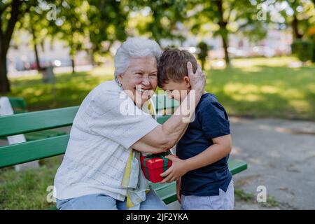 Das Enkelkind überraschte ihre Großmutter mit einem Geburtstagsgeschenk im Park. Lifestyle, Familienkonzept Stockfoto