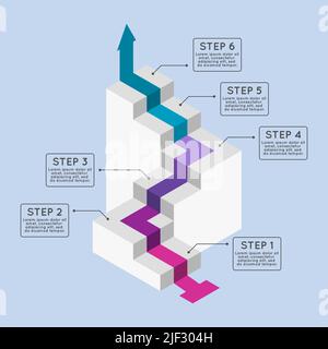 Infografik Treppen mit 6 Stufen. Farbenfrohe Treppe mit sechs Optionen. Ziel oder Ziel erreichen. 3D isometrisches Diagramm. Prozess, Workflow-Layout. Stock Vektor