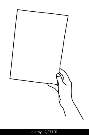 Hand mit A4 Blatt Papier, handgezeichnet mit dünner Linie. Dokument präsentieren, Memo zeigen, Bildvorlage. Vektorgrafik isoliert auf weißem BA Stock Vektor