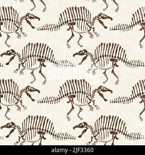 Braun handgezeichnete Spinosaurus fossile Knochen Dinosaurier nahtloses Muster. Geschlechtsspezifische neutrale jurassische Silhouette für die Babykrippe. Home Dekor für Museum Stockfoto