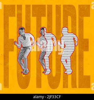 Stilvoller Mann im Vintage-Retro-Outfit, der auf gelbem Hintergrund mit Schriftzug tanzt. Collage zeitgenössischer Kunst. Nachrichten, Matrix, Techno, Cloning Stockfoto