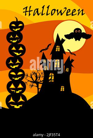 Halloween-Karte mit Burg, Bube o' Laternen Stapel und Eule über Mond Stock Vektor