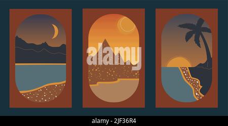 Berg-, Meer- und Wüstenwand-Kunstset. Naher Osten orientalische Landschaften, moderne flache Rahmen abstrakte Natur Hintergründe Sammlung mit Himmel, Sand, Palmen Stock Vektor