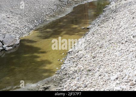 Fast ausgetrocknetes Flussbett nach längerer Hitzeperiode, Auswirkungen des globalen Klimawandels, Ökologie-Konzept, Kopierraum, ausgewählter Fokus Stockfoto