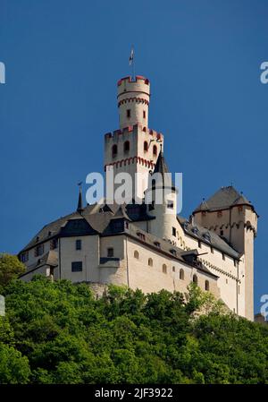 Schloss Marksburg, die einzige mittelalterliche Hügelburg am Mittelrhein, die nie zerstört wurde, Deutschland, Rheinland-Pfalz, Braubach Stockfoto