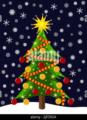 Farbenfroh goldener und rot dekorierter Weihnachtsbaum draußen in der Nacht Stock Vektor