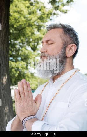 Bärtiger Meister-Guru meditiert mit geschlossenen Augen und betenden Händen im Freien Stockfoto