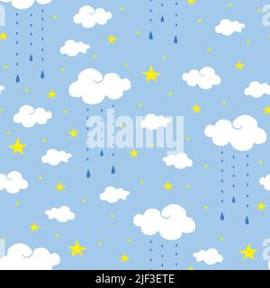 Nahtloses Vektormuster mit Wolken und Sternen auf blauem Hintergrund. Einfaches Baby-Dusche-Tapetendesign mit Himmel. Stock Vektor