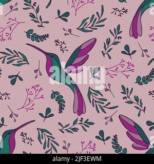 Nahtloses Vektormuster mit Kolibris auf rosa Hintergrund. Einfache romantische Vintage-Tapete-Design. Dekorative Blumen Vogel Mode Textil. Stock Vektor