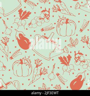 Nahtloses Vektormuster mit Umriss Gemüse auf grünem Hintergrund. Einfache Sommer Garten Tapete Design. Dekorative Saison Mode Textil. Stock Vektor