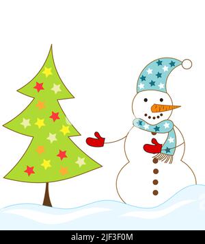 Schneemann und Weihnachtsbaum Vektor-Illustration Stock Vektor