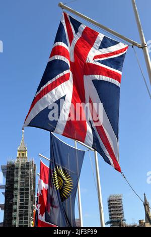 Union Jack, Flagge des Vereinigten Königreichs, und Flaggen des Commonwealth of Nations im Parliament Square Garden, London, mit Big Ben im Hintergrund Stockfoto