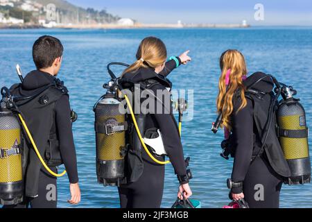 Taucher, die am Strand trainieren und ihren Tauchgang planen, weisen auf das Meer hin, das ihr komplettes Tauchkit trägt Stockfoto