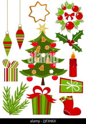 Weihnachts-Ikonen und Symbole-Kollektion in roten und grünen Farben. Vektorgrafik Stock Vektor
