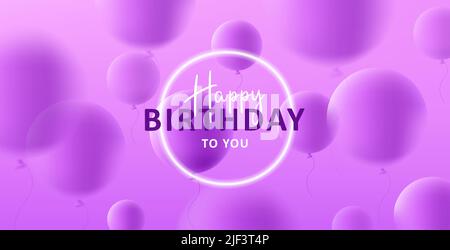 Digitaler Gruß mit Geburtstag, neonstrahlendem Kreis und 3D runden Ballons. Vektorgrafik Stock Vektor