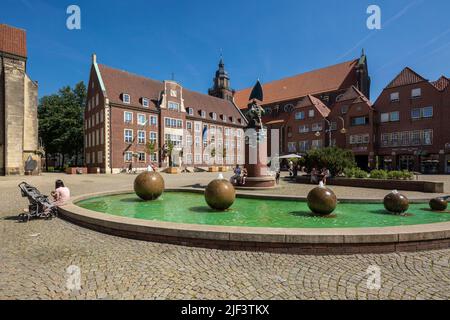 Deutschland, Coesfeld, Berkel, Baumberge, Münsterland, Westfalen, Nordrhein-Westfalen, NRW, Marktplatz, Marktbrunnen, Wasserbecken, Rathaus, evangelische Pfarrkirche, ehemalige Jesuitenkirche St. Ignatius des Kollegs, Kirche des Nepomucenum-Gymnasiums, Backsteingebäude Stockfoto