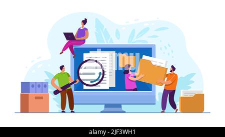 Quelle, Informationstechnologie, Dokumente im Datenbankkonzept. Teamarbeit der Mitarbeiter erstellt Dateiarchiv und Datenspeicherung auf dem Computerserver Stock Vektor