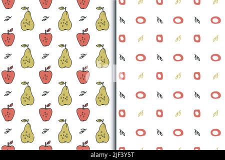 Birne, Apfel nahtlose Muster, Set von 2 Stück. Bunte Kontur Kontur, Frucht, Kreis Silhouetten. Handgezeichnet naiv Cartoon kindliche Illustration, rot Stock Vektor