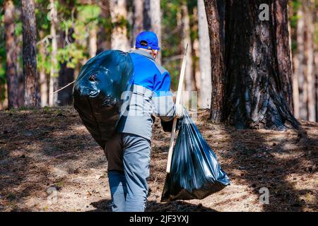 Freiwillige sammelt Müll im Wald in großen Plastiktüten am Sommertag. Mann in Overalls trägt Mülltüte auf seiner Schulter. Rückansicht. Reinigung der Wälder von Verschmutzung und Hausmüll. Echte Szene. Stockfoto