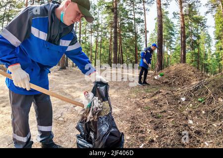 Der Mann in den Overalls sammelt Müll und Abfall im Wald. Ökologisches Problem der Verschmutzung der Natur. Junger Mann mit Plastiktüte reinigt Wald am Sommertag. Stockfoto