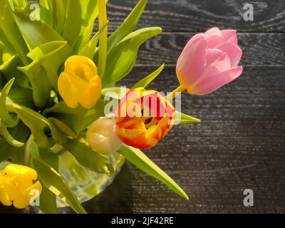 Farbenfrohe Tulpenblumen in Vase auf schwarzem Holztisch Stockfoto