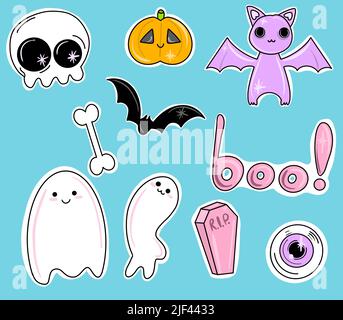 Halloween Aufkleber Set. Niedliche Figuren im Cartoon-Stil. Geist, Katze, Schädel, Kürbis, Fledermaus. Stockfoto