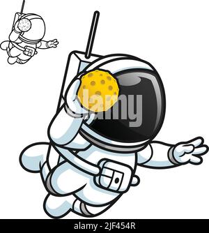 Niedlicher Astronaut spielt Handball mit Mondball mit schwarzer und weißer Linienkunstzeichnung, Wissenschaft im Weltraum, Vektor-Charakterdarstellung Umriss Stock Vektor