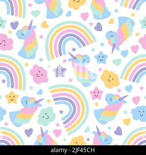 Nahtloses Muster mit Einhörnern und Regenbögen. Vektor Stock Vektor