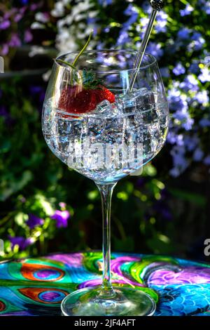 Gin und Tonic mit Erdbeeren und einem Mixer, natürlichem Licht und Hintergrund, sommerliche Drinks auf einem farbenfrohen Gartentisch Stockfoto