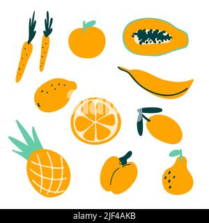 Abstract einfaches Set aus orangefarbenem Obst und Gemüse, vegeterische Essenssammlung. Frisches Doodle Kinder Ananas, Apfel, in Scheiben geschnittene Papaya, Banan, Birne, Vektorgrafik Karotte, Zitrone, Pfirsich, Pfeffer Stock Vektor