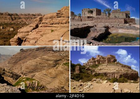 Sanaa die Hauptstadt des Jemen. Das Hotel liegt inmitten eines riesigen Plateaus und ist von Mauern umgeben und mit typischen mehrstöckigen jemenitischen Palästen Stockfoto