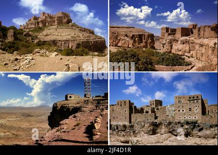 Sanaa die Hauptstadt des Jemen. Das Hotel liegt inmitten eines riesigen Plateaus und ist von Mauern umgeben und mit typischen mehrstöckigen jemenitischen Palästen Stockfoto