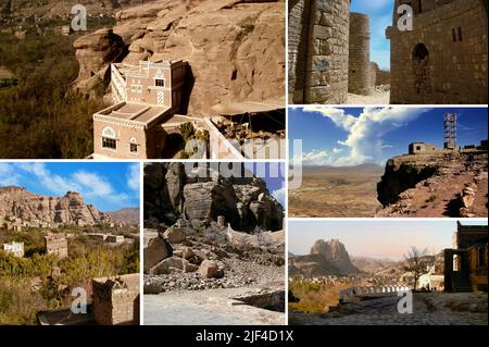 Sanaa die Hauptstadt des Jemen. Das Hotel liegt inmitten eines riesigen Plateaus und ist von Mauern umgeben und mit typischen mehrstöckigen jemenitischen Palästen Stockfoto